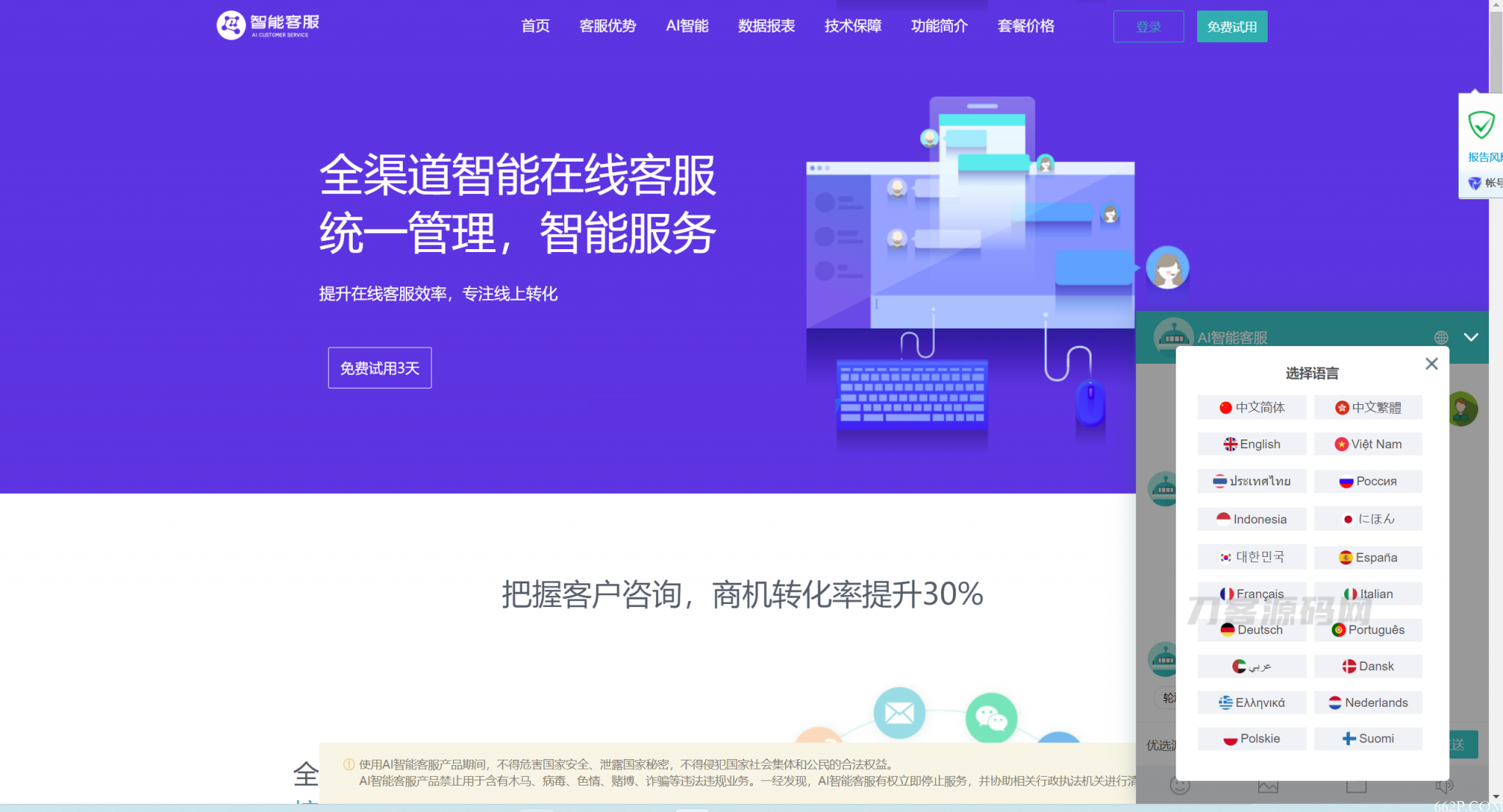 AI智能多语言支持客服系统源码 - 20语种在线客服平台-七七源码网
