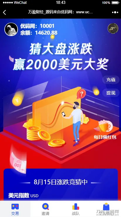 USDT指数涨跌实时监控 - 蓝色UI币圈万盈财经二开源码，支持K线图表-七七源码网