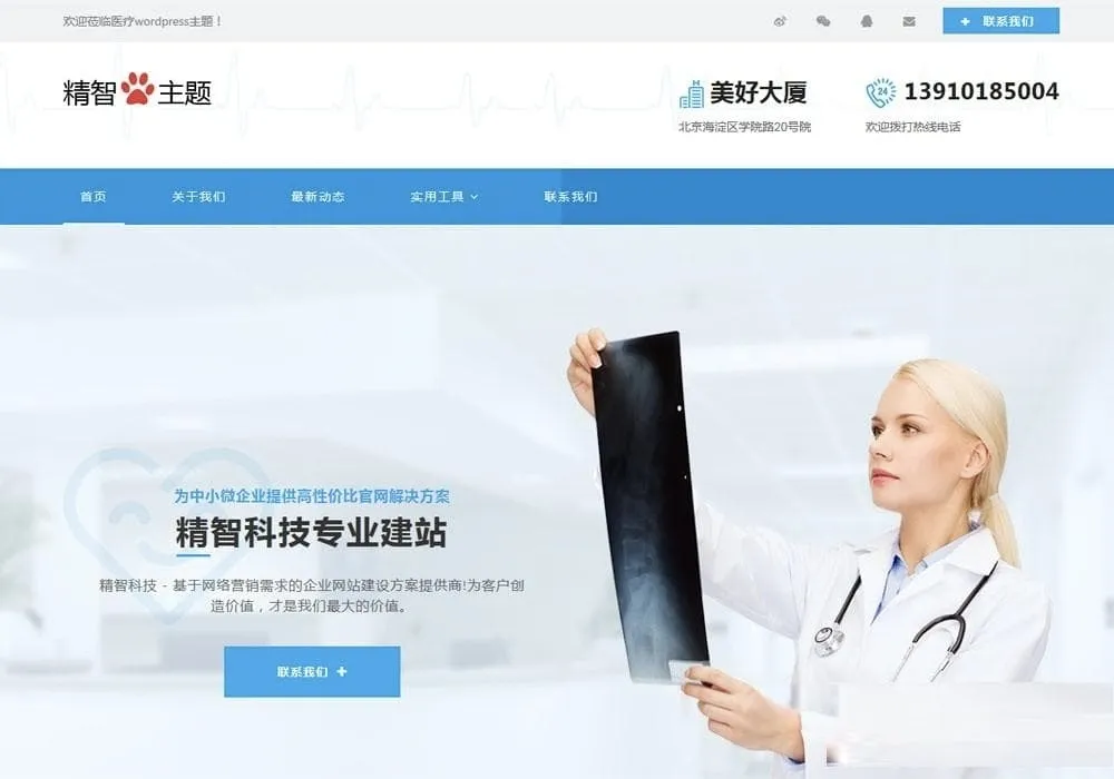 蓝色医疗医药公司专业WordPress自适应企业官网模板-七七源码网